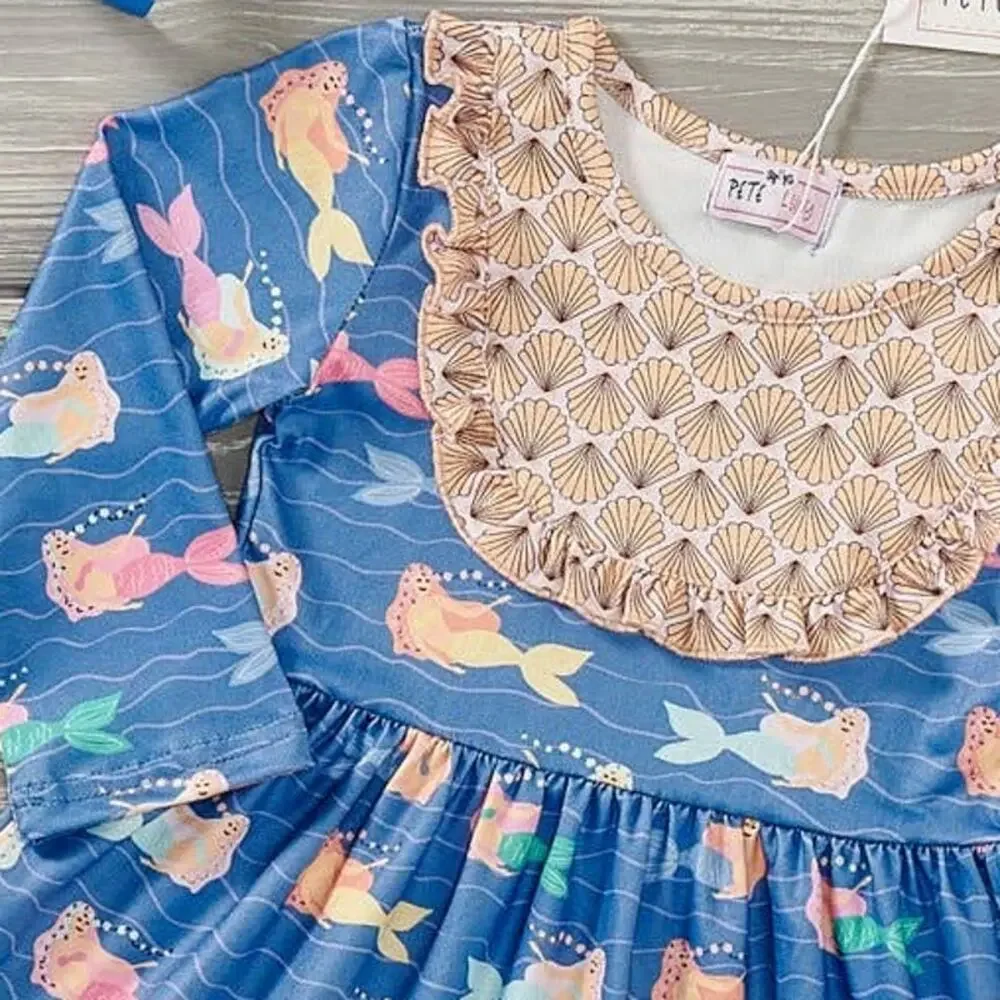PETE + LUCY Mermaid and Shells Long Sleeve Ruffle Bib Dress 2T